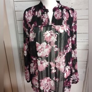 AGB Women's Size Large Black Floral Semi Sheer Blouse Top Cottagecore